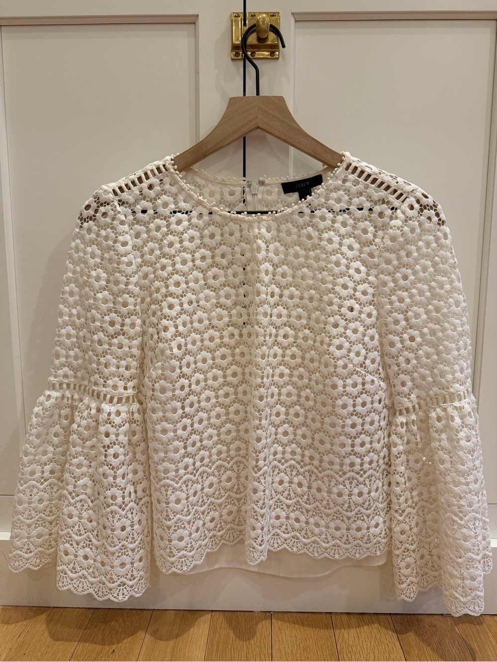 J. Crew White Crochet Eyelet Bell-Sleeve Top